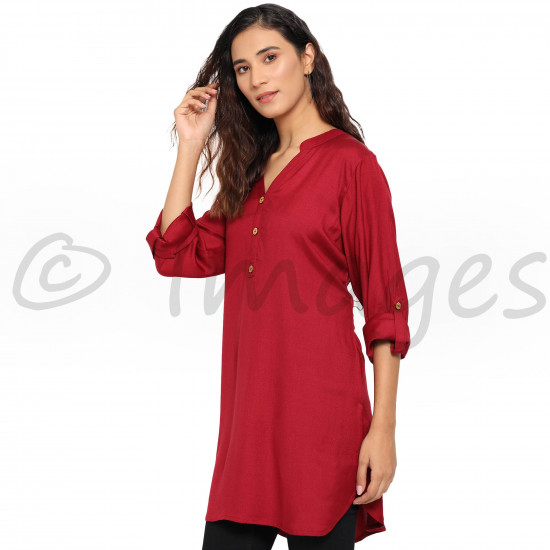 Short Collar V Neck Kurta Top with Foldover Sleeves