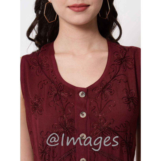 Wine Embroidded Long Dress